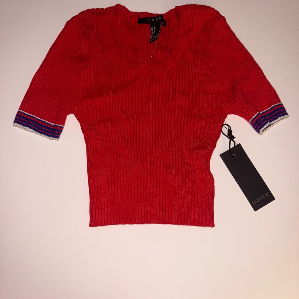 Red Ribbed Knit Top with Striped Sleeves
